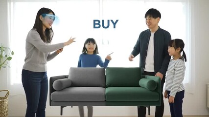 A family uses augmented reality glasses and a smartphone to visualize, customize, and purchase a new sofa - Powered by Adobe