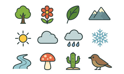 Nature icons collection: tree, flower, leaf, mountain, sun, cloud, snowflake, river, mushroom, cactus, bird, fish, turtle, butterfly