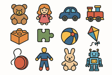 Fototapeta premium Colorful cartoon toys collection featuring teddy bear, train, puzzle, and robot