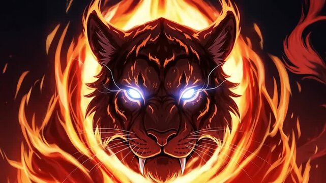 A fierce tiger head surrounded by vibrant flames and glowing eyes.
