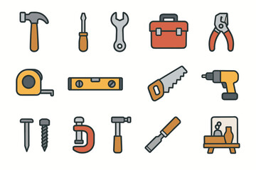 Colorful icon set of common hand and power tools