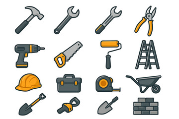 Obraz premium Cartoon construction tools set: diverse equipment icons for building and repair projects