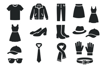 Stylish clothing icons: t-shirt, jacket, jeans, skirt, dress, shoes, hat, accessories