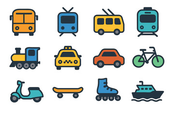 Colorful transportation icons featuring vehicles and modes of travel