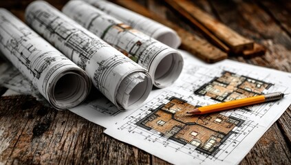 Rolled architectural blueprints on a rustic wooden table, with a pencil