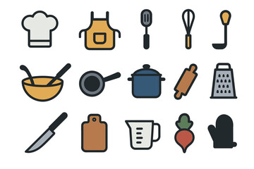 Colorful kitchen icons set featuring cooking utensils and equipment