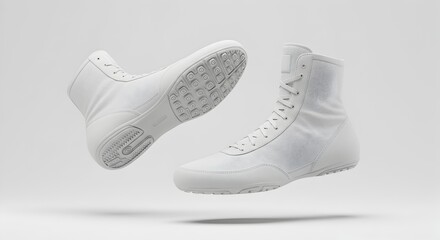 White Wrestling Boots Hovering with Textured Soles Visible