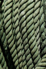 A rugged, deep moss-green rope featuring a durable, braided design with a distinct diamond pattern. Perfect for outdoor and adventurous use, this weathered rope highlights intricate weaves and sturdy