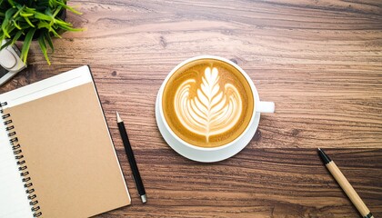 Top view of coffee cup with latte art beside open notebook for creative lifestyle slide