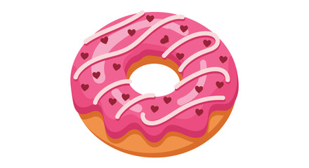 A pink frosted donut with white icing and heart sprinkles on top