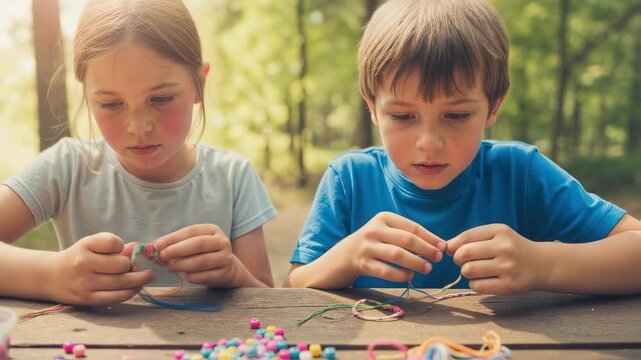 Girl and boy making friendship bracelets together, creating beaded craft at outdoor wooden table in sunlight footage.