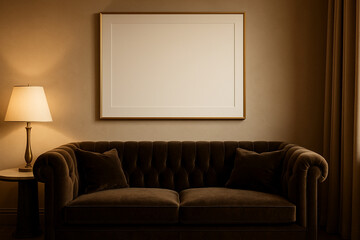 Luxury living room with a blank frame mockup above a velvet sofa, elegant template for art display and home decor branding.