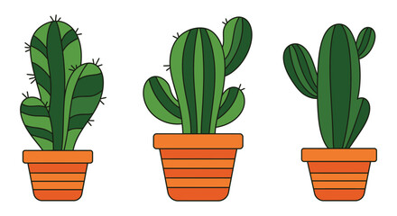 Three cartoon cacti in orange pots on a white background