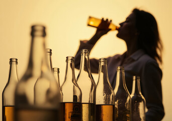 Woman Drinking Alcohol with Empty Beer Bottles in Foreground