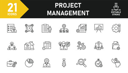 Project Management line icon set. Set of 21 outline icons related to collaboration, task management, strategy, assessment, leadership, quality control and others. Editable stroke. Vector illustration.