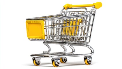 Empty shopping cart, chrome metal frame, bright yellow plastic handles and bumpers