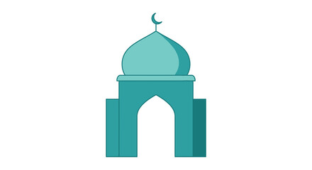 Teal mosque dome with crescent moon on top and archway