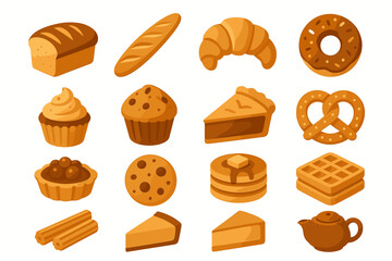 Assorted baked goods: bread, croissant, donut, pie, muffin, waffle, and more