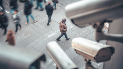 Un uomo cammina per la strada tra la folla sorvegliato da diverse telecamere. Concetto di privacy.
