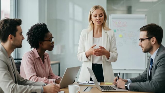 A diverse team of professionals is engaged in a lively business meeting, with a female leader presenting ideas and receiving input from colleagues in a modern office setting
