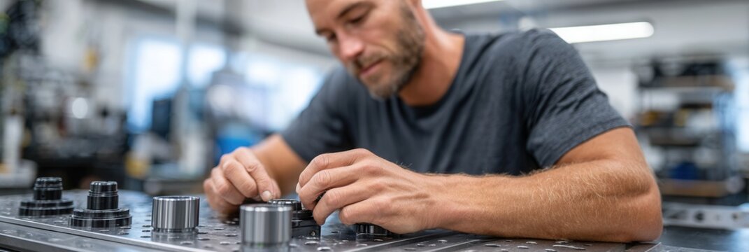 A focused man works on assembling mechanical components in a well-lit workshop. The atmosphere is industrious and precise, showcasing craftsmanship. - Powered by Adobe