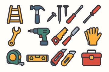 Collection of colorful hand tools: hammer, screwdriver, drill, ladder, toolbox, saw