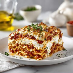Classic Italian lasagna with layered pasta cheese tomato sauce and herbs served on a white plate with fresh ingredients in background