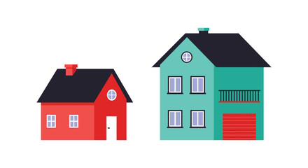 Two colorful houses with black roofs and white windows side by side