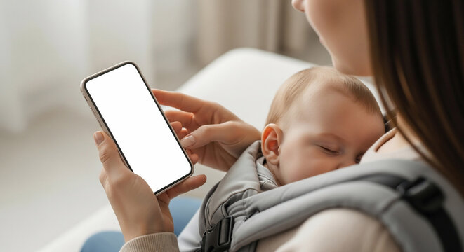 Modern Motherhood: Woman Holding Sleeping Baby While Using Smartphone with Blank Screen