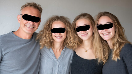 Una famiglia sorride ma i loro occhi sono coperti da una banda nera per proteggere la loro identit&agrave;