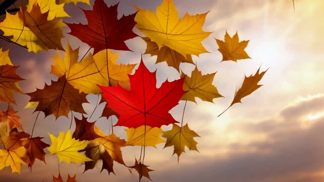  falling autumn leaves in golden glow, transition background video