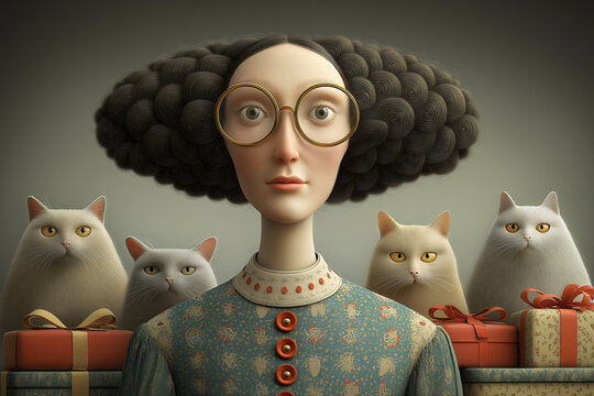 Crazy cat lady at Christmas, surreal greeting card illustration, quirky festive funny.