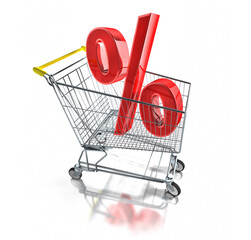 Shopping cart with red percentage sign - bargain concept