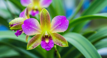 Vibrant orchid flower displaying purple and green petals adorned with water droplets up close