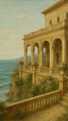 Fototapeta premium Elegant coastal villa architecture illustration.