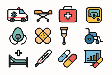 Fototapeta premium Medical equipment icons: ambulance, crutch, thermometer, wheelchair, first aid kit