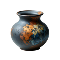 Rustic Ceramic Vase with Distressed Texture and Abstract Painted Orange and Blue Flowers