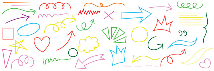 Hand drawn doodle arrows and decorative elements. Colorful  hand drawn doodles including arrows, shapes, hearts, stars, swirls, and design elements for notes, highlights, and decoration.

