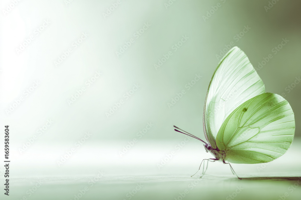 Poster delicate green butterfly resting on smooth surface with soft gradient background, minimalistic and t