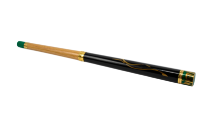 Snooker cue art design with golden, black and green color on white base isolated on solid white background Png 