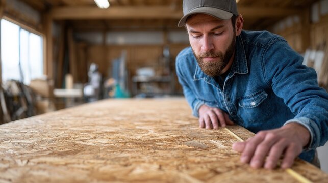 A skilled craftsman inspects a wooden surface in a workshop, showcasing dedication and craftsmanship in a creative environment. - Powered by Adobe