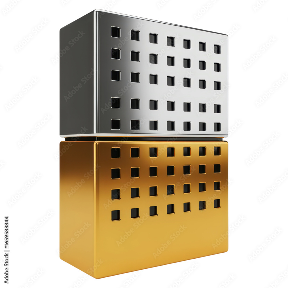 Poster metallic cubes: abstract gold and silver perforated blocks - architectural design element isolated o