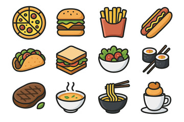 Colorful icon set of popular fast food and cuisine dishes