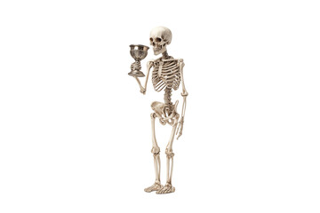 A Halloween skeleton drinking from a goblet, isolated on a transparent background.