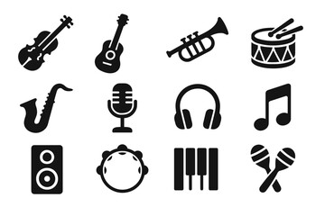 Fototapeta premium Silhouette icons of musical instruments and symbols on white background