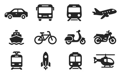 Transportation icons set featuring car, bus, train, airplane, boat, bicycle, scooter, motorcycle, rocket, helicopter