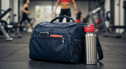 Athletic gym bag with water bottle on floor in fitness center  