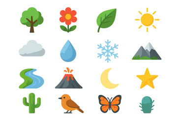 Set of nature icons: tree, flower, leaf, sun, cloud, water, snowflake, mountain, river, volcano, moon, star, cactus, bird, butterfly