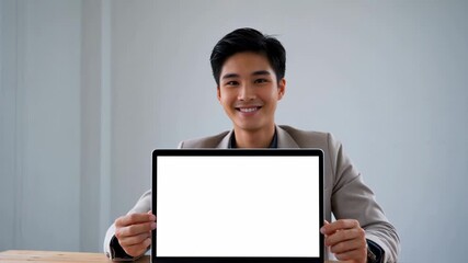 Asian businessman in gray suit presenting blank laptop screen in modern office with windows - Powered by Adobe