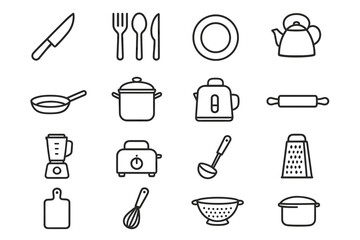 Kitchen utensils and appliances icons set in simple line art style